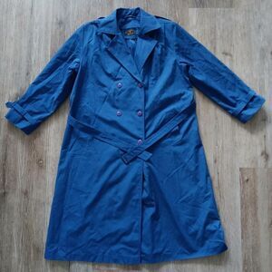 Fleet Street trenchcoat womens 12 blue double breast plaid wool blend lining VTG